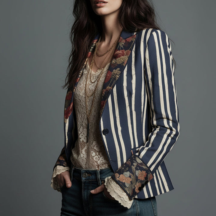 Bohemian Artisan Mixed-Print Striped Blazer