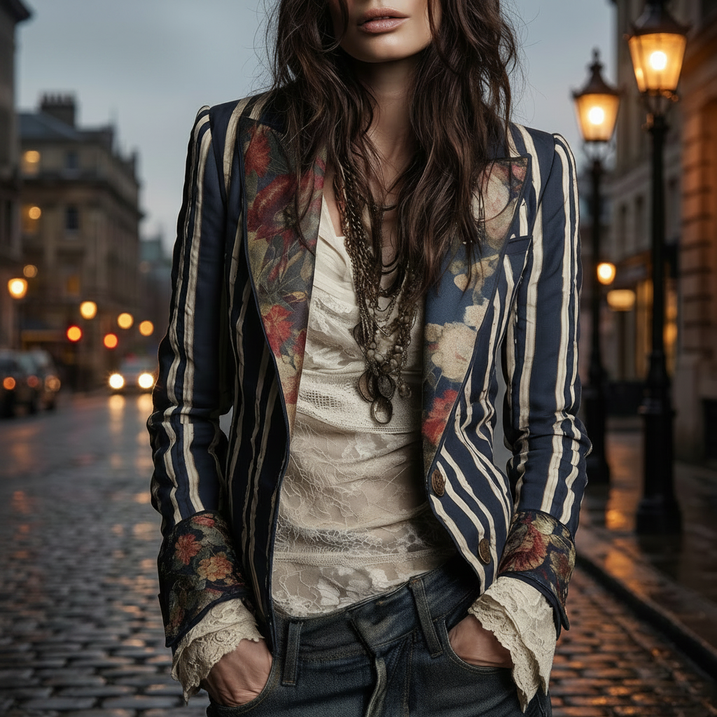 Bohemian Artisan Mixed-Print Striped Blazer