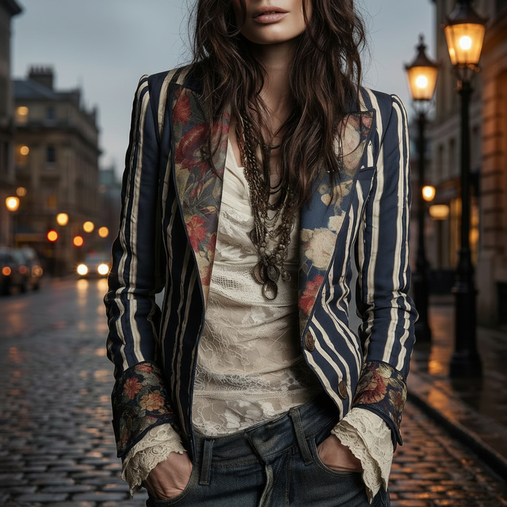 Bohemian Artisan Mixed-Print Striped Blazer