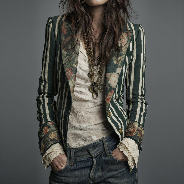 Bohemian Artisan Mixed-Print Striped Blazer