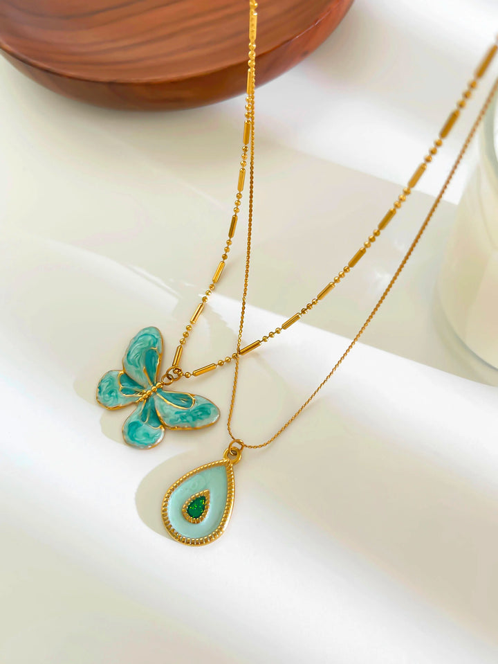 Beautiful Layered Necklace Set with Butterfly and Teardrop