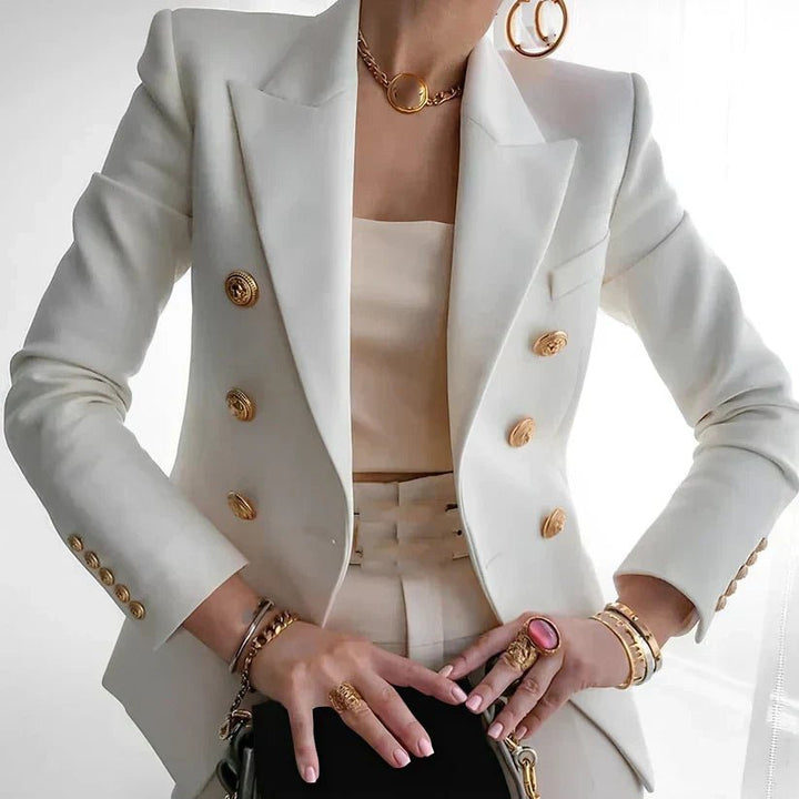Women's Double-Breasted Blazer Gold Buttons Peaked Lapel Long Sleeve Slim Fit