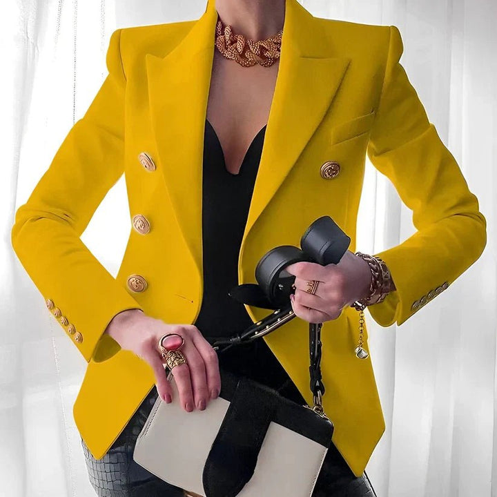 Women's Double-Breasted Blazer Gold Buttons Peaked Lapel Long Sleeve Slim Fit