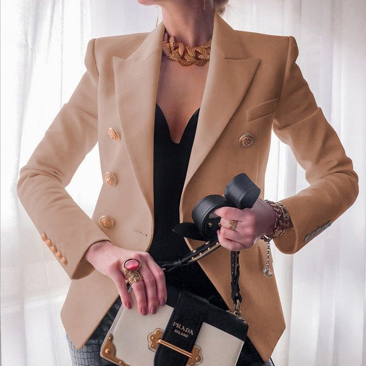 Women's Double-Breasted Blazer Gold Buttons Peaked Lapel Long Sleeve Slim Fit